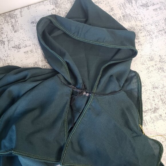 Large Linen Like Dark Green Hooded Medieval Cape w Gold Lacing Details - Picture 9 of 12